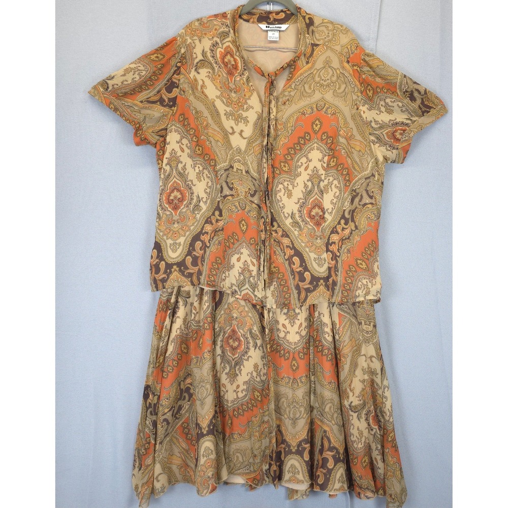Nygard Collection 2 Pc Silk Dress Women 20 Paisley Print Tan Orange Lined